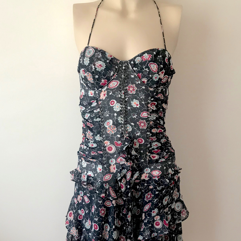LaRok Ruffled Beaded Floral Dress Spaghetti Strap Beach Party Sundress